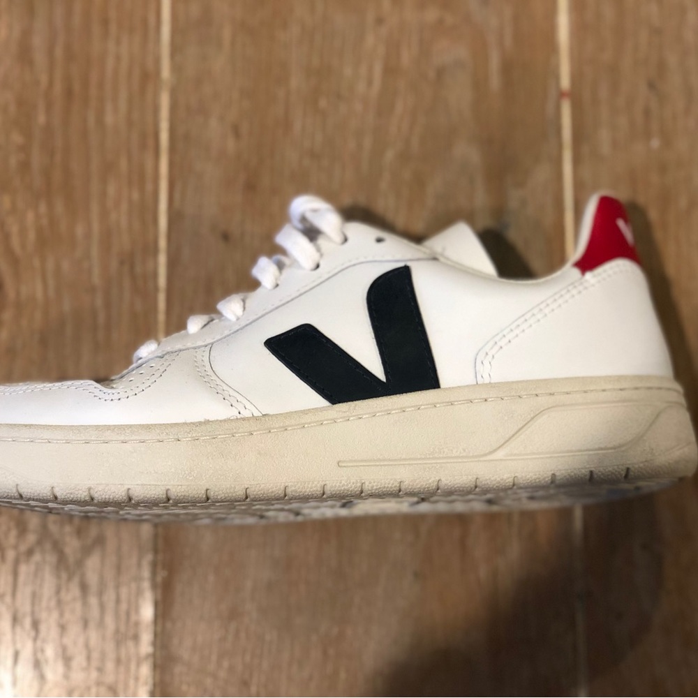 Veja White Sneakers with Black V and Red Heel Accent